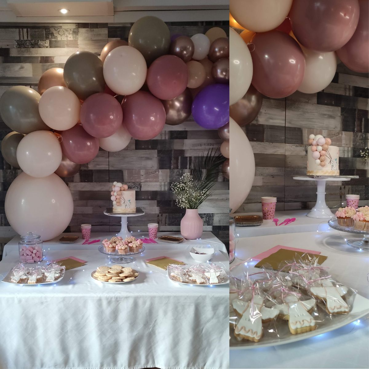 Mesa, tarta personalizada y decoración bautizo tonos rosa